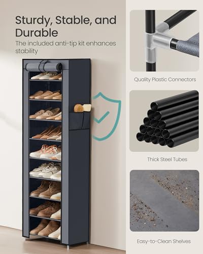 Image of SONGMICS 10-Tier Shoe Rack, Shoe Storage Cabinet with Dustproof Cover, Free-Standing Storage Organizer for Closet, Entryway, Hold 20 Pairs of Shoes, for Sneakers, High Heels, Gray URXJ034GN02