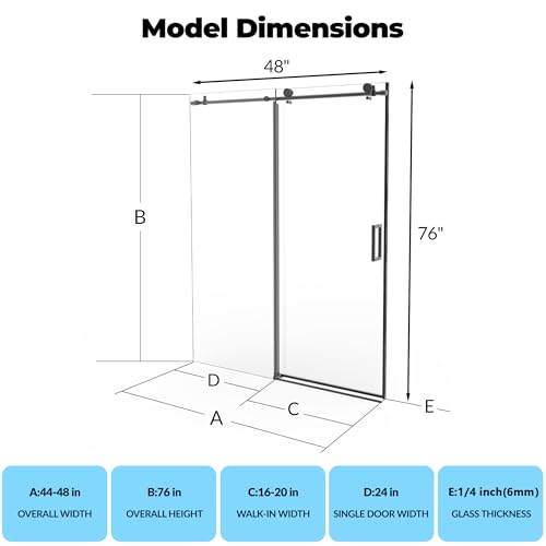 Image of Frameless Sliding Shower Door with Fixed Panel, 44-48 Inch Width x 76 Inch Height, 6mm Tempered Glass, Matte Black Finish, Round Stainless Steel Track, Bathroom Renovation Upgrade