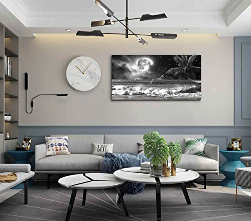Yxbhhym Black And White Ocean Wall Art Moon Sea Beach Canvas Print Art Ocean Paintings Seascape Poster Wall Pictures Landscape Palm Artwork For Wall Living Room Decor Framed-20X40Inches #TOP3