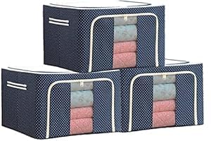 Descaler 66 Ltr storage bag Foldable Steel Frame Cloths Zip Organizer Bag and Oxford Fabric Storage Living Cover Boxes For Wardrobe Organizer Shelves Clothes, Sarees, Bed Sheet, Blanket (Pack of 3)