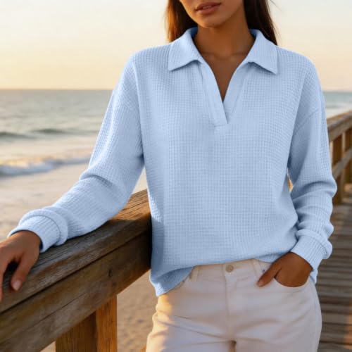 Long Sleeve Tee Shirts for Women Waffle Knit Basic Fit Tunic Holiday Tops - image 4
