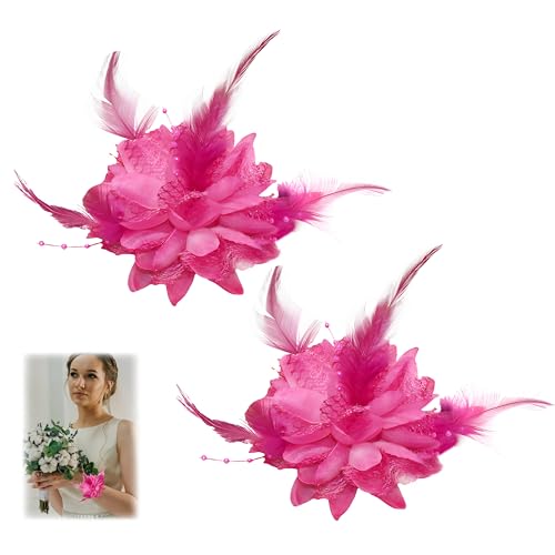 2 Pcs Fuchsia Rose Flower Hair Clip, Flower Feather Bead Corsage Fascinator Headwear Flowers Brooch Hairpin Feather Hairband Beads Hats Clip Hair Barrette for Women Girls Birthday Wedding Party