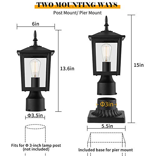 CINOTON Outdoor Post Light Fixtures, Modern 1- Light Exterior Post Lantern with 3-Inch Pier Mount Base Aluminum Housing Plus Clear Glass Waterproof Patio Pole Lights - Thumbnail 6