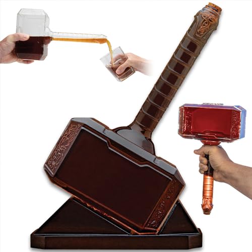 K Exclusive Thor's Hammer Decanter Set | Stunning Quality Glass Construction | Intricate Norse Detailing | Wooden Base with Non-Slip EVA Grips | Hammer Length 12