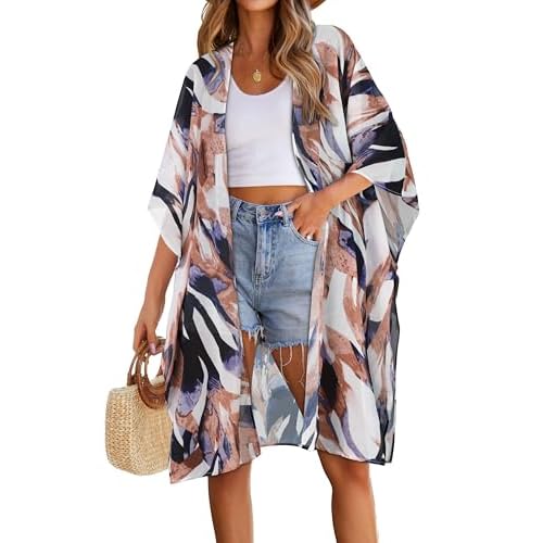 Womens Swimsuit Coverups Summer Loose Cardigans for Swimwear Lightweight Beach Kimono(Black White Brown,S)