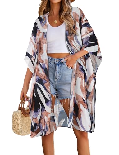 Womens Swimsuit Coverups Summer Loose Cardigans for Swimwear Lightweight Beach Kimono(Black White Brown,S)