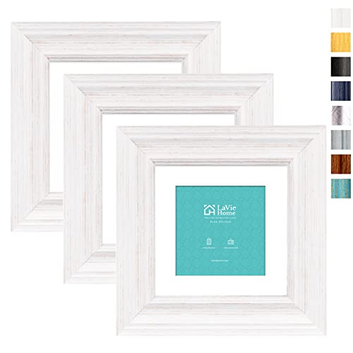 LaVie Home 6x6 Picture Frames (3 Pack, Distressed White) with Mat for 4x4 Photos Rustic Wood Grain Photo Frame with High Definition Glass for Wall Mount & Table Top Display, Set of 3 Square Frame