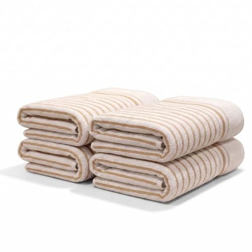 Image of Athom Living Premium Hand Towels- Cotton, 400 GSM, Ultra Soft, Quick Dry, Highly Absorbent | for Hand, Kitchen and Gym | 60 * 40 cm, Pack of 4 (White with Brown Strips)
