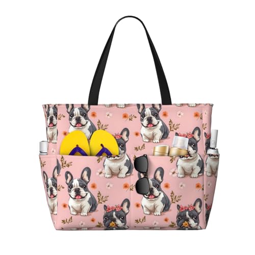 Large Beach Bags for Women Sandproof - Flower Cute French Bulldog Print Summer Work Travel Tote Bags with Zipper