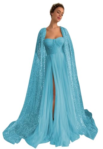 BOLENSYE Sparkly Starry Tulle Prom Dresses with Cape Sweetheart Long Ball Gown Formal Evening Dress for Women