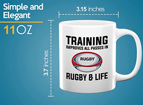 Flairy Land Rugby Coffee Mug 11Oz White - Training Improves All - Footballer Teams Pro Player Enthusiast League Coach Sport Lovers Outdoor Soccer Cricket #TOP5