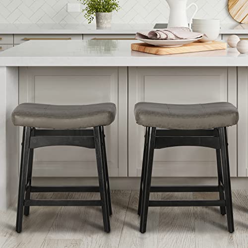 Maison Arts Grey Counter Height Bar Stools Set Of 2 For Kitchen Counter Solid Wood Legs With Faux Leather Saddle Seat Farmhouse Barstools For 34"-38" Counter Island Upholstered Stools, 24In Height #TOP15