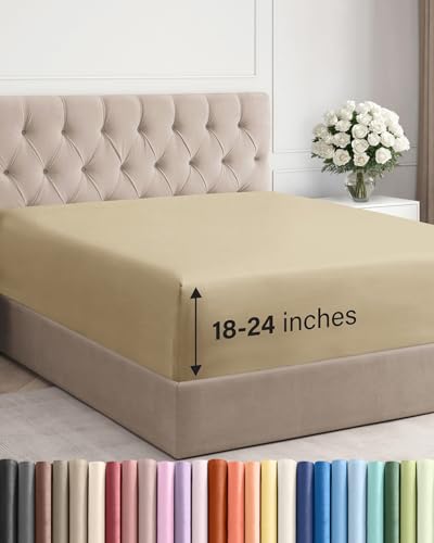 Image of Extra Deep King Fitted Sheet - Single Fitted Sheet Only - Beige | Easily Fits 18 inch to 24 inch Mattress, Soft, Wrinkle Free, Breathable & Comfy, Extra Deep Pockets Hotel Luxury Fitted Sheet