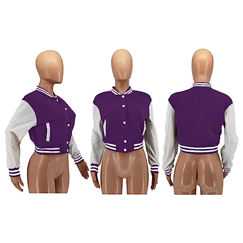 Image of Women Cropped Bomber Jacket Varsity Button Down Baseball Coat Streetwear | Long Sleeve Lightweight Casual Cropped Jacket With Pockets, Spring Autumn Outwear Y2K School Bomber Jackets for Women