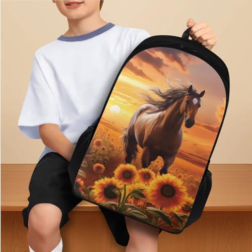 Sunflower Horse Backpack for Girls Kids Backpack with Lunch Box Water Bottle Carrier and Zipper Pencil Pouch 4 Pcs Set 17 inch Bookbag with Compartments for School Sturdy Elementary School Bag2