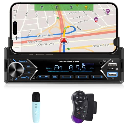 NHOPEEW 1 DIN Autoradio con Bluetooth - Reproductor MP3 Soporte para teléfono - Doble Puerto USB/Tarjeta TF/Radio FM/Entrada AUX/Control del Volante/Botón de Luces + Micrófono inalámbrico