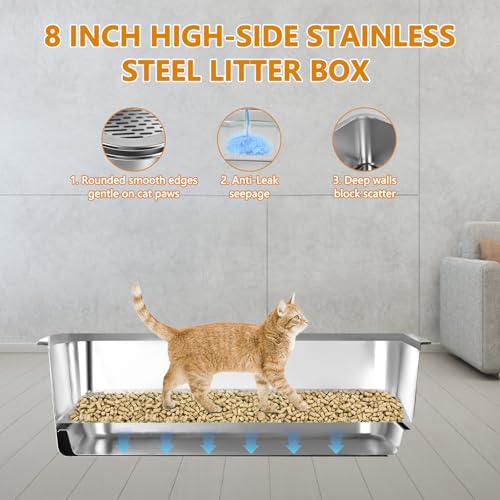 23.5''x15.7''x8'' Edelstahl-Wurfkiste, XXL ausziehbare, siebende Wurfkiste für Kiefernpellets, Hochseiten-Metall-Wurfkastensystem für Großkatzen mit Plastikschaufel &10 Urinpads (20CM)