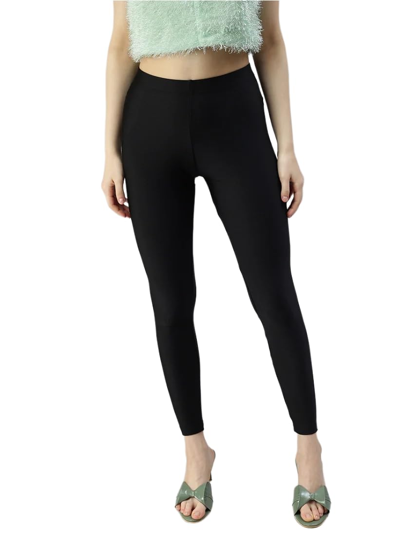 Campus Sutra Women's Black Tights, 4-Way Stretch, Feather Soft, Breathable, Wrinkle Free, Shine On, High Waist Leggings, Gym Wear for Workout. in black