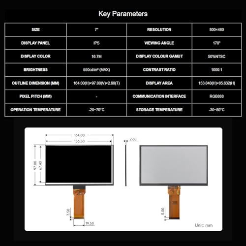 LUCKFOX 7inch IPS LCD Panel(Without PCB), RGB Interface Display Screen, 800x480 High Resolution, Full Color, 170° Wide Viewing Angle, for Miniature TVs, GPS Devices, Game Consoles, Car Displays, etc – Bild 4