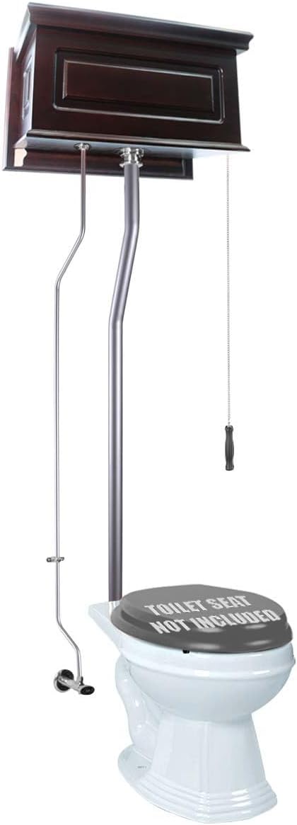 Renovators Supply Manufacturing High Tank Pull Chain Toilet With Dark Oak Wooden Raised High Tank 70 In. To 74 In. Adjustable Height Satin L Pipe And Elongated Toilet Bowl