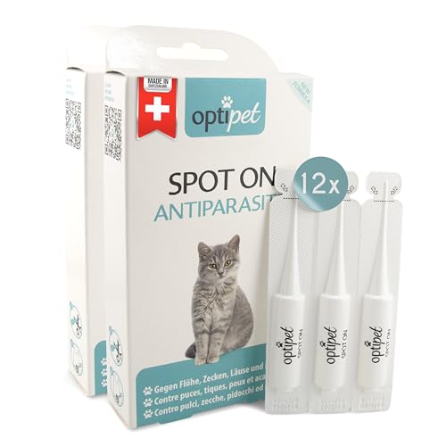 OptiPet Spot On Pipetten für Katzen 12x1ml - Hochwirksame Tropfen gegen Milben, Flöhe, Zecken & Läuse - Parasiten Abwehr Schutz bis zu 12 Monaten - Flohschutz, Zeckenschutz, Zeckenmittel für Katzen