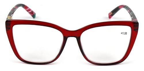 Fads & Fashions Women's Transparent Red With Floral Temples Cat Eye Funky Retro Reading Glasses With Spring Hinges Dx88 (, 1.5, X)