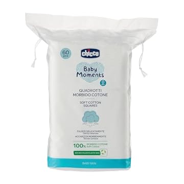Chicco Baby Moments Quadrotti Morbido Cotone, Pulisce Delicatamente e Accarezza Morbidamente, Baby Skin, Bianco, 60 Pezzi, 0+ Mesi