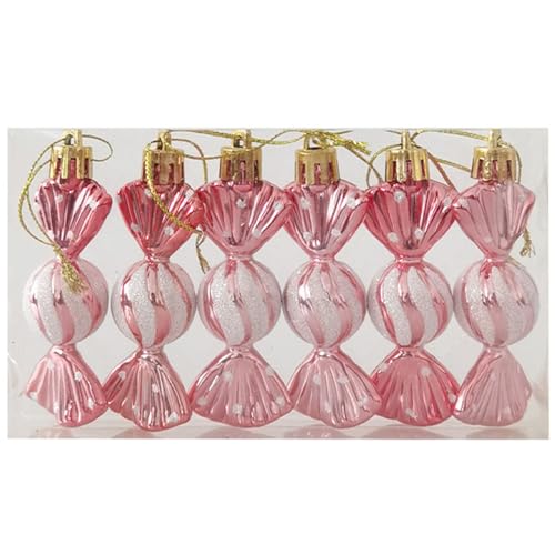 Christmas Tree Candy Ornaments Decorations Xmas Hanging Baubles Shiny Glitter Sweet Shaped 8.5CM 6PCS (Pink)