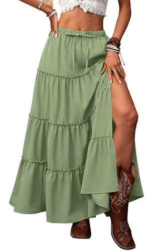 ELLEVEN Women's Summer Slit Tiered Maxi Skirt - Boho A-Line Elastic Waist Long Skirts with Pockets