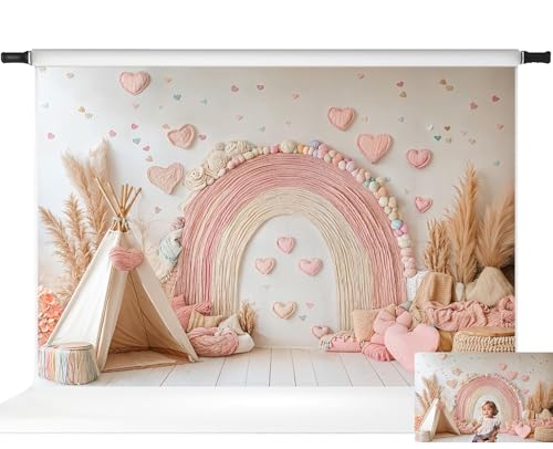 Kate Boho Rainbow Backdrop Pink 1st Birthday Photography Backdrops, 10x6.5ft