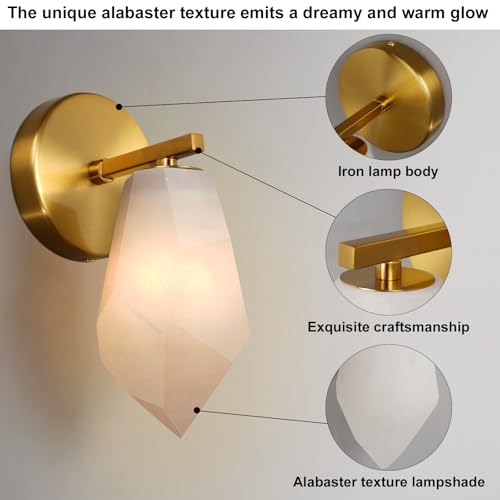 CEENWE Alabaster Wall Sconces, Spanish Marble Wall Lamp, Modern Wall Sconce for Living Room, Hardwired Wall Lighting for Bedroom, Wall Light for Bathroom Hallway Stairs, Gold by CEENWE - Image 6