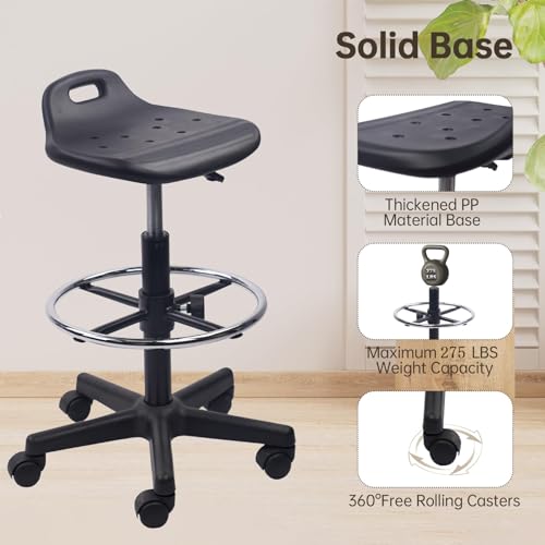 KLASIKA Drafting Rolling Stool Adjustable Height with Foot Rest Breathable Seat Cushion Swivel Stools with Wheels, Multi-Purpose Work Stool for Shop, Task, Salon, Black, 1 Pack