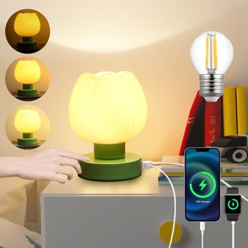 Bedside Small Table Lamps Dimmable with USB Ports and outlets,Touch Control Desk Nightstand