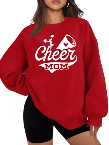 UYIQL Cheer Mom Sweatshirt Funny Mama Game Day Sweatshirts Long Sleeve Crewneck Sport Shirt Gifts for Mom Red XL