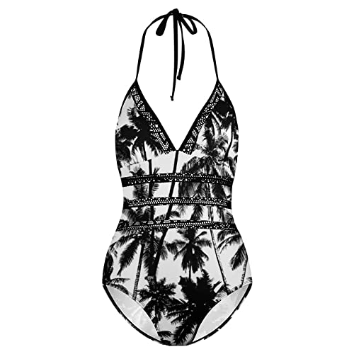 Inraine Women's One Piece Swimsuits Black Coconut Palms Leaves Hawaiian Tree On White Deep V Backless Halter Bikini Bathing Suits Tummy Control High Cut Novelty Swimwear Summer Beachwear L #TOP4