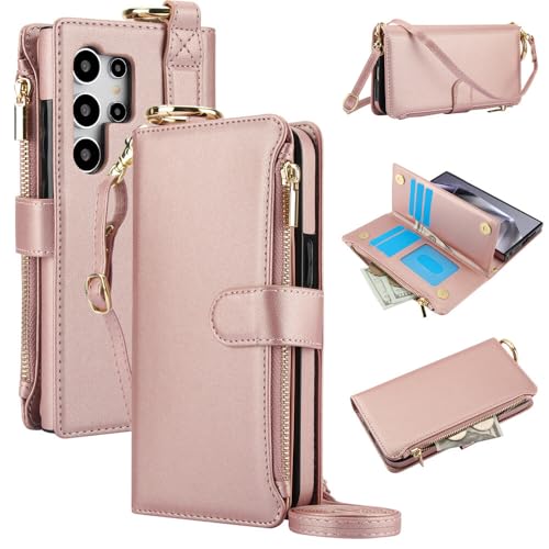 Étui compatible avec Samsung S21 Plus housse portefeuille fermeture éclair or rose