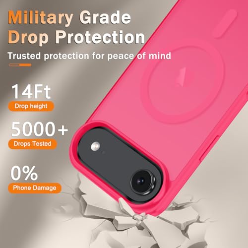 Image of YENAPOON for iPhone Air Case, Matte Magnetic Phone Cover [with 1 Screen Protector] [Support for MagSafe] [Shockproof Military Grade Protection] Translucent Frosted Back, Hot Pink