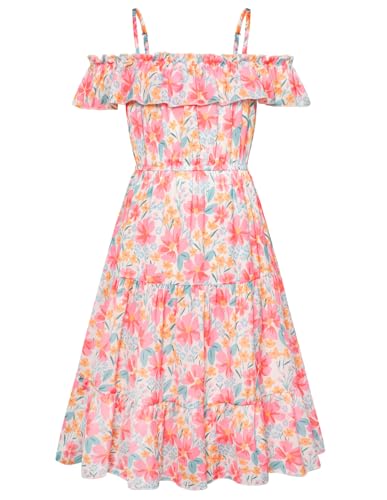 GRACE KARIN Girls Summer Dress Off Shoulder Ruffle Floral Spaghetti Strap Casual Sundress Tiered Midi Dress