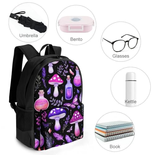 Gothic Magic Witch Witchy Trippy Purple Mushrooms Rucksacks Lightweight Multipurpose Anti-Theft Shoulder Bag Big Capacity Traveling & Camping Backpack With Side Pockets4