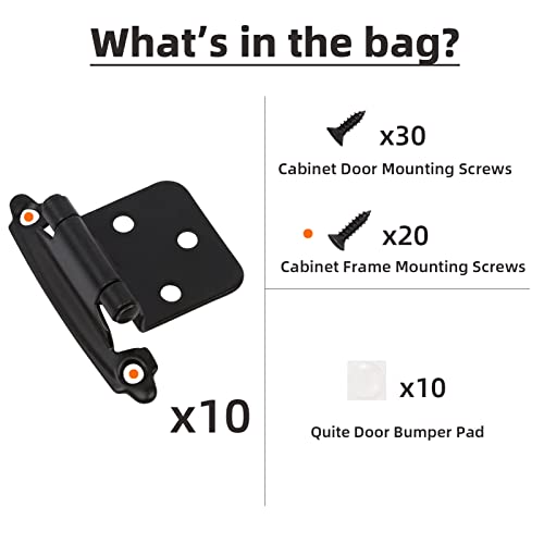 Decobasics 1/2" Overlay Matte Black Cabinet Hinges (5 Pair -10 Pcs) Self Closing Bath & Kitchen Cabinet Hinges Black Flush Mount w/Door Bumpers & Upgraded Screws by DecoBasics - Image 4