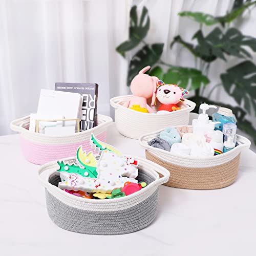 Abenkle Cute Small Woven Basket With Handles, 12"X 8" X 5" Rope Room Shelf Storage Basket Chest Box For Cat And Dog Toys, Empty Decorative Gift - White #TOP2