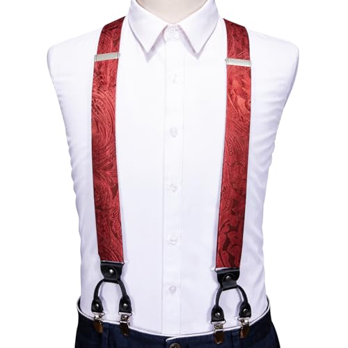 Image of Barry.Wang Men Suspender Set with Necktie Elastic Y Type Heavy Duty 6 Clips Braces Tie Handkerchief Cufflink Pin 6PCS