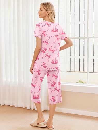 Image of Ekouaer 2 Pack: Women's Pajamas Set Short Sleeve Sleepwear Capri Pants Pjs Soft Loungewear with Pockets