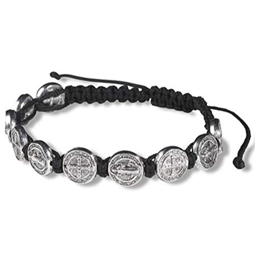 Cb Silver Tone Saint Benedict Medal On Adjustable Black Cord Bracelet, 8 Inch, Pack Of 5 #TOP1
