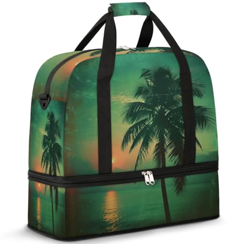 Travel Duffel Bag with Shoe Compartment, Vintage Tropical Sunrise Shoulder Weekender Bags for Women, Foldable Waterproof Travel Bag Carry on Bag