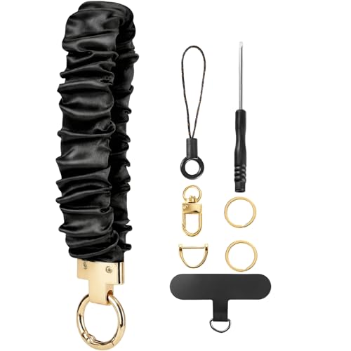BESARME Scrunchie Keychain Wristlet Stretchy Key Chain Wrist Lanyard Strap Bracelet for Women Teacher (Black Silk)
