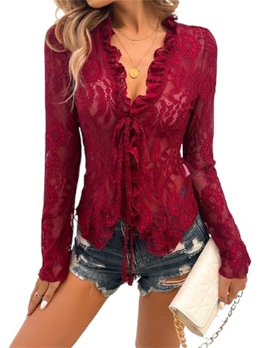 Image of Women Mesh Lace Front Tie Tops Y2K Floral Embroidery Sheer Blouse Sexy See Through Long Sleeve Ruffle Tee Shirts (A-Red, M)