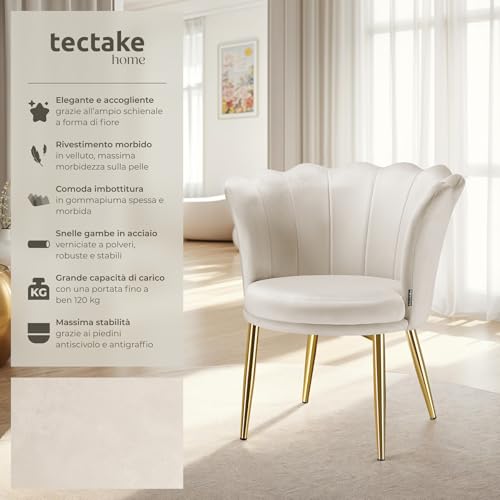 Tectake® Poltrona Imbottita, Velluto Elegante, Imbottitura Extra Spessa, Seduta Ampia, Schienale Curvo A Fiore, Gambe In Acciaio Verniciate A Polveri, Piedini Antiscivolo E Antigraffio - Crema/Oro - 4