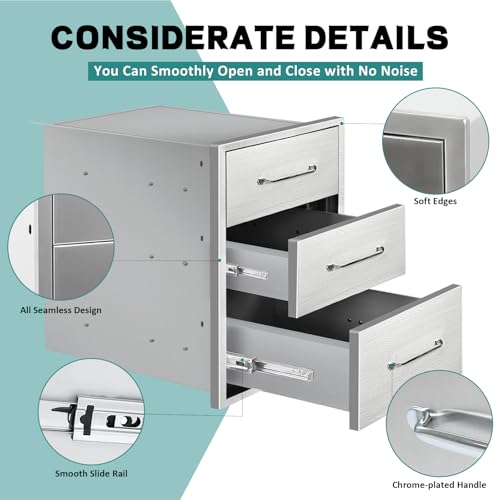 Image of Outdoor Kitchen Drawers 16 inch W x 21 inch H x 23 inch D Stainless Steel Drawer BBQ Triple Drawers with Chrome Handle for Outdoor Kitchen Island, Patio Grill Station