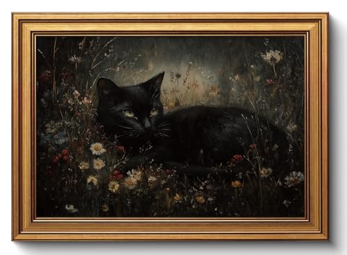 Black Cat Gothic Floral Wall Art Dark Academia Canvas Art Prints 12x16in